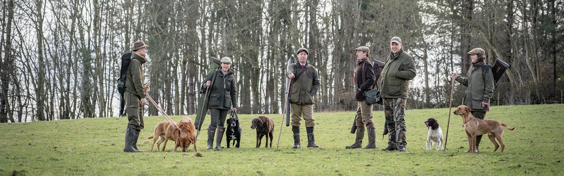 A group of shooters standing with their gundogs talking