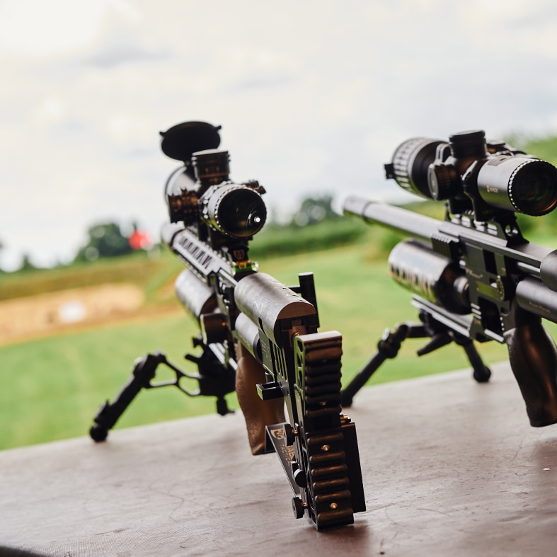 Two air rifles pointing out onto a target range