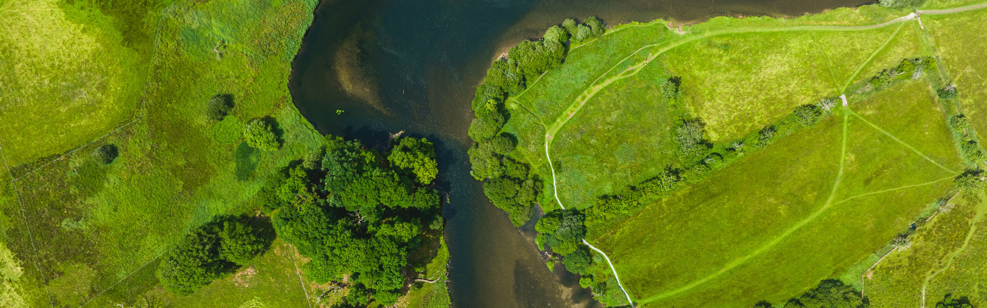 A overhead view of a river bend