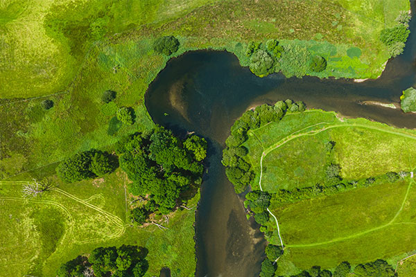 A overhead view of a river bend