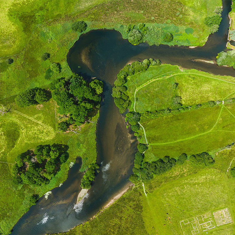 A overhead view of a river bend